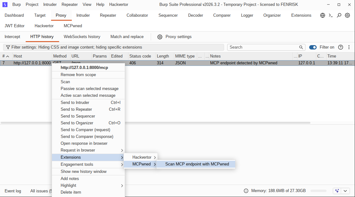 Request in Burp Suite being flagged as MCP-like by the MCPwned tool and sent to the extension